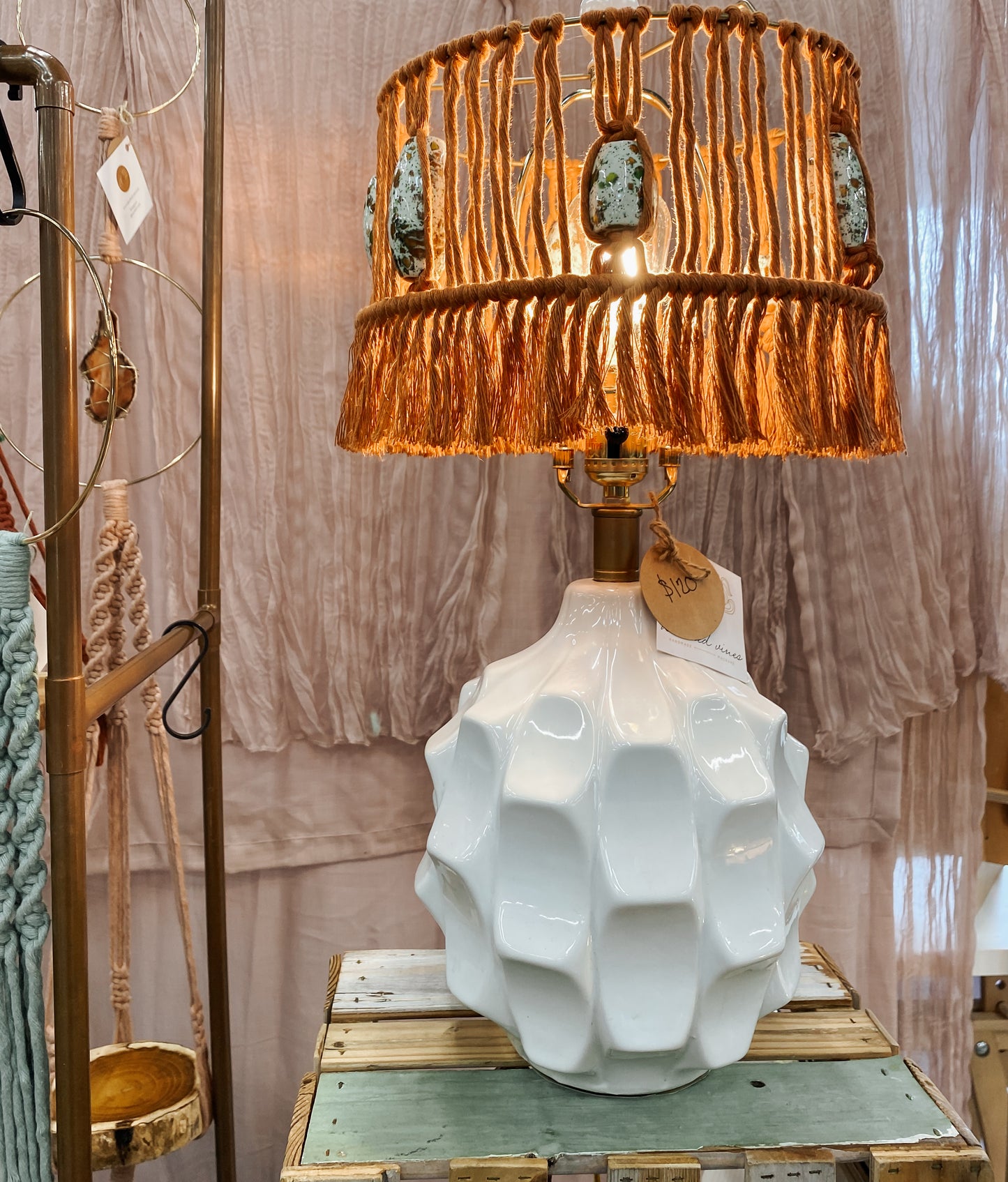 Terracotta Macrame Table Lamp with Upcycled Vintage Base