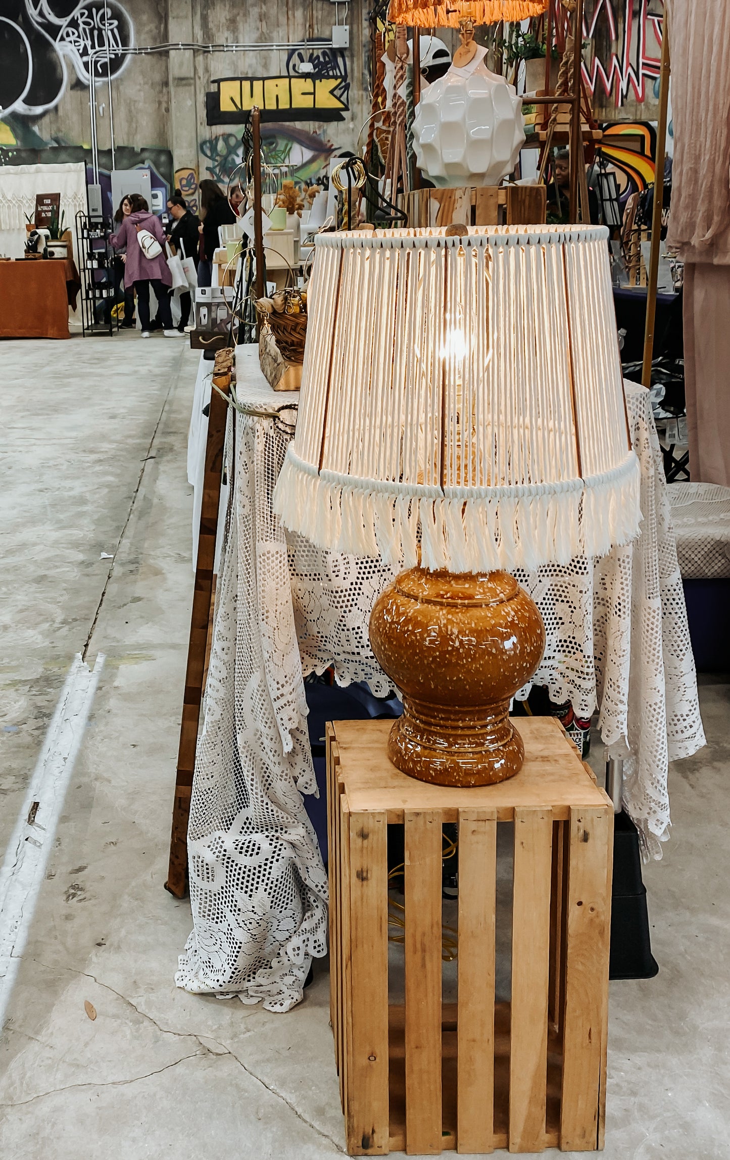 Ivory Macrame Table Lamp with Upcycled Vintage Base