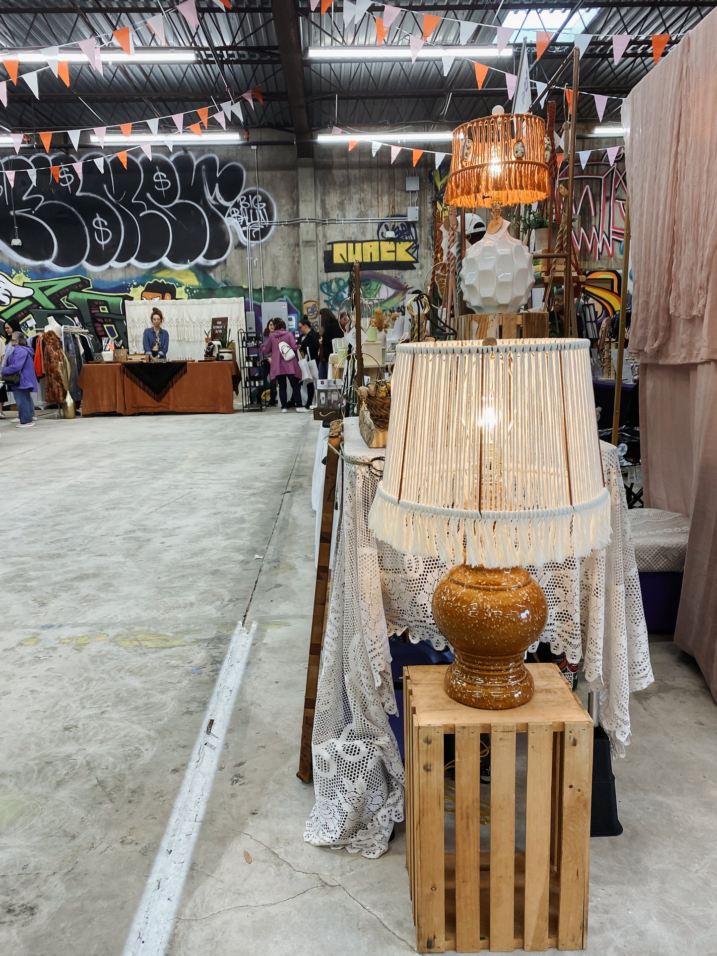 Ivory Macrame Table Lamp with Upcycled Vintage Base