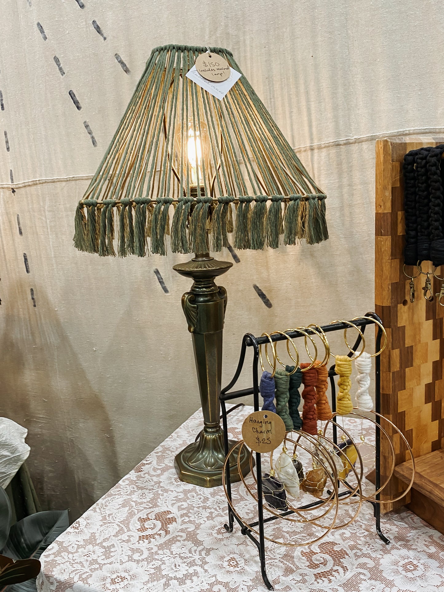 Moss Macrame Table Lamp with Upcycled Vintage Base